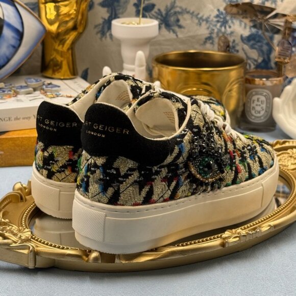 🆕 KURT GEIGER LONDON 🧿 NWOB Laney Eye Gold Rainbow Tweed Sneaker, Sz 37 US 7 - Picture 9 of 14